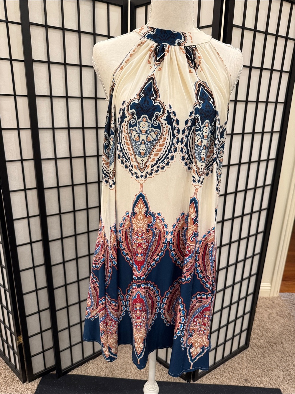 Halter Paisley Mini Dress in Cream & Navy